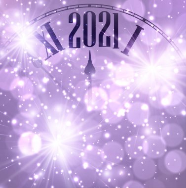 Saatçiler 2021 yılına birkaç dakika kaldığını gösteriyor. Işıklı ve havai fişekli parlak mor arka planda yaratıcı bir saat. Vektör tatil illüstrasyonu.