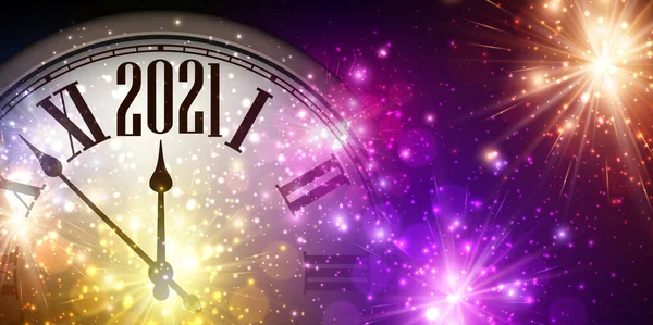 Part of clock with clock hands showing 2021 year between 2020 and 2022. Sparkling violent and gold lights on dark background. Amazing festive fireworks. Vector holiday illustration.