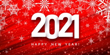 Kırmızı fırça arkaplanında beyaz kar taneleriyle 2021 işareti. Yeni yılın kutlu olsun. Vektör tatil illüstrasyonu.