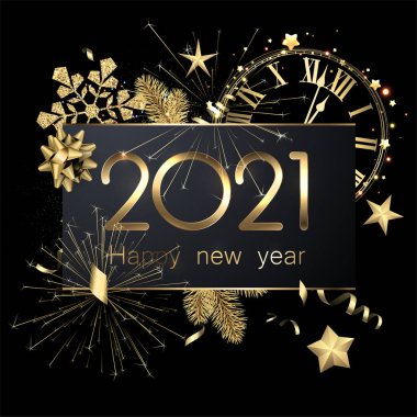 Koyu arkaplanda altın parıltılar, havai fişekler, saat, kar tanesi,