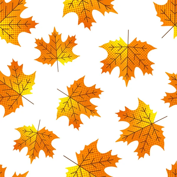 Autumn Orange Yellow Halftone Dotted Maple Leaves Seamless Pattern Background — Stock Vector