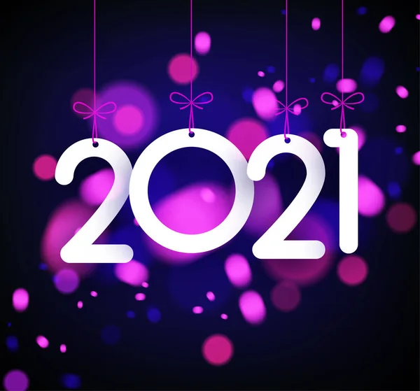 2021年挂在缎带上 祝您新年快乐 模糊的深色彩色背景 病媒假日图解 — 图库矢量图片