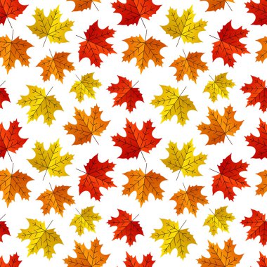 Sonbahar portakalı, kırmızı ve sarı küçük akçaağaç yaprakları. Kusursuz bir arka plan. Vektör illüstrasyonu.