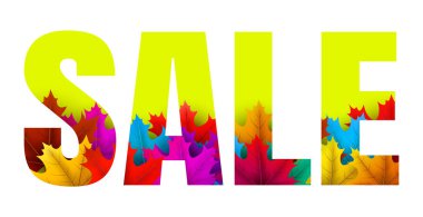 Açık yeşil, içinde kırmızı, sarı, turuncu, pembe, mavi akçaağaç yaprakları olan tabela. Vektör illüstrasyonu.