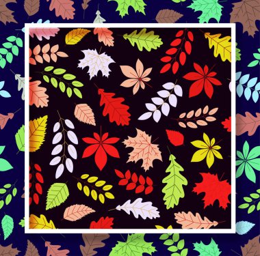 Sonbahar koyu arkaplanda kare çerçeveli pürüzsüz desen bırakır. Kırmızı, turuncu, sarı, yeşil, mavi. Vektör illüstrasyonu
