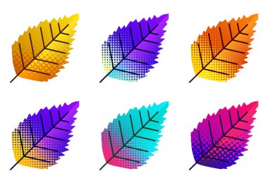 Beyaz arka planda noktalı yarım tonlu çok renkli huş yaprağı seti. Vektör illüstrasyonu.
