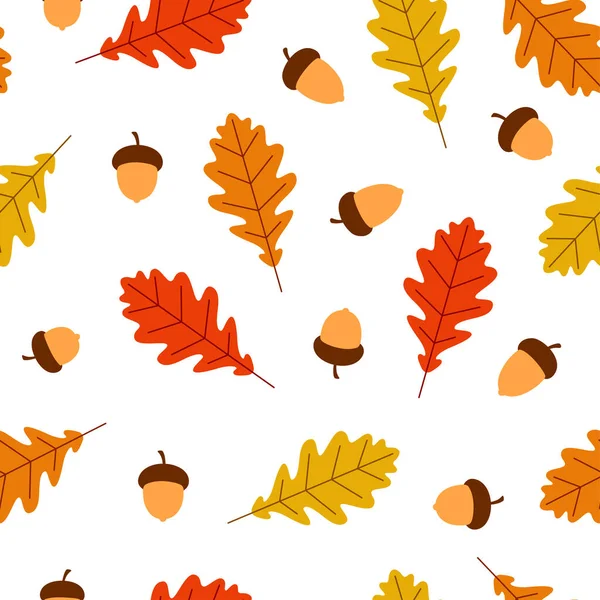 Seamless Autumn Pattern Red Orange Yellow Oak Leaves Acorns White — Stock Vector