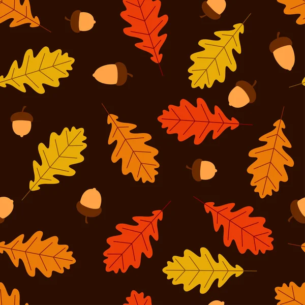 Seamless Autumn Pattern Red Orange Yellow Oak Leaves Acorns Dark — Stock Vector