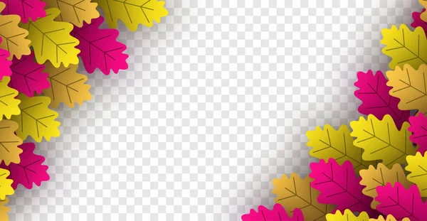 秋の黄色とピンクのオークの葉のコーナーフレーム 背景は透明だ ベクターイラスト — ストックベクタ