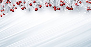 Açık mavi fırça darbeleri ve kırmızı böğürtlenli karlı ladin dalları. Mesajın için biraz yer aç. Vektör tatil illüstrasyonu.