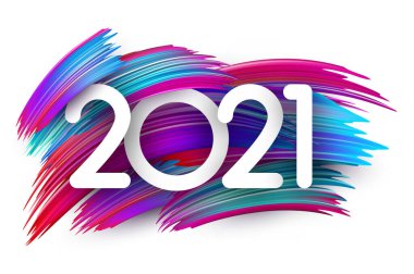 Soğuk ton gradyan fırça darbeleri üzerine 2021 beyaz işaret. Vektör tatil illüstrasyonu.