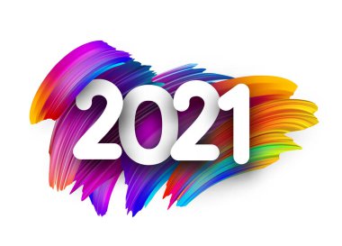 Renkli fırça darbelerinde 2021 beyaz işaret. Vektör tatil illüstrasyonu.