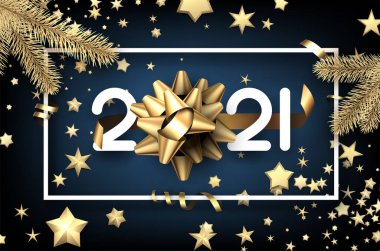 Koyu mavi arka planda beyaz kare çerçeve. Beyaz 2021 işareti, 0 yerine altın yay. Altın yıldızlı konfeti, yılan ve ladin dalları. Vektör tatil illüstrasyonu.