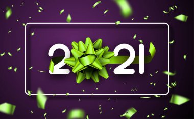 Beyaz kare çerçeve, mor arkaplanda yuvarlak açılar var. 2021 'de 0 yerine yeşil yay. Yeşil konfeti ve yılan yağı. Vektör tatil illüstrasyonu.