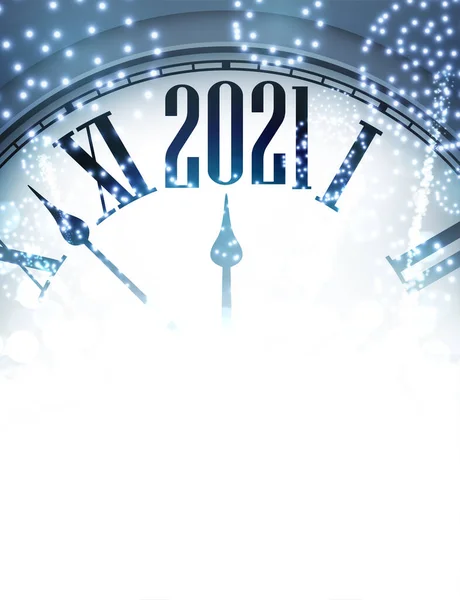 Δημιουργικό Ρολόι Δείχνει 2021 Έτος Λαμπερά Φώτα Πυροτεχνήματα Μπλε Φόντο — Διανυσματικό Αρχείο
