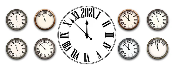 2021年を示す時計のセット 数字の代わりにローマ数字や年を持つ創造的な時計 ベクターホリデーイラスト — ストックベクタ