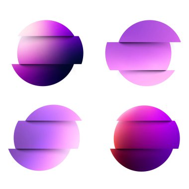 Beyaz arka planda menekşe sıvısı gradyan daireler. Yuvarlak neon holografik arıza küre düğmeleri. Moda renkleri. Vektör illüstrasyonu.