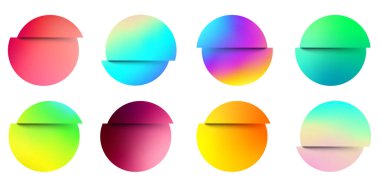 Beyaz arka planda çok renkli sıvı gradyan daireler. Yuvarlak neon holografik arıza küre düğmeleri. Moda renkleri. Vektör illüstrasyonu.