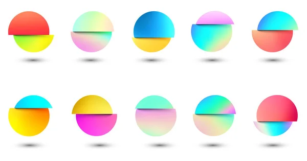 白色背景上的一组彩色流体梯度圆 圆形霓虹灯全息故障球状按钮与阴影 流行的色泽 矢量说明 — 图库矢量图片
