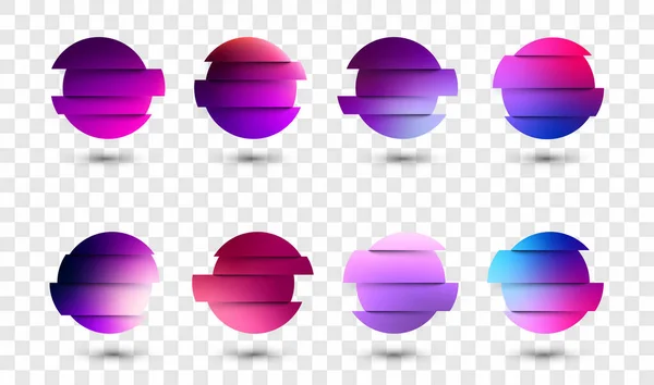透明な背景に紫と青の流体勾配の円のセット 影の丸いネオンホログラフィックグリッチ球ボタン トレンディな色 ベクターイラスト — ストックベクタ
