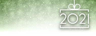 Beyaz kare noel ağacı oyuncağı ana hatları 2021 yazısıyla şeritte asılı. Parlak yeşil arka plan ve ışık konfetisi. Mesajın için biraz yer aç. Vektör tatil illüstrasyonu.