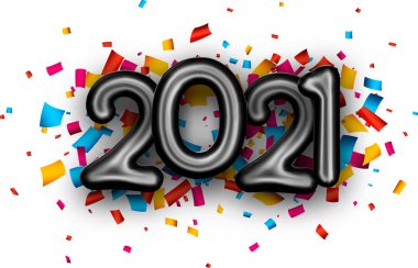 2021 siyah balon işareti çok renkli konfeti üzerine. Vektör tatil illüstrasyonu.