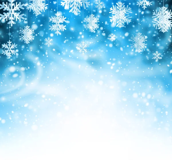 Blauer Winterhintergrund Mit Wirbelwind Und Hängenden Papierschneeflocken Platz Für Ihren — Stockvektor