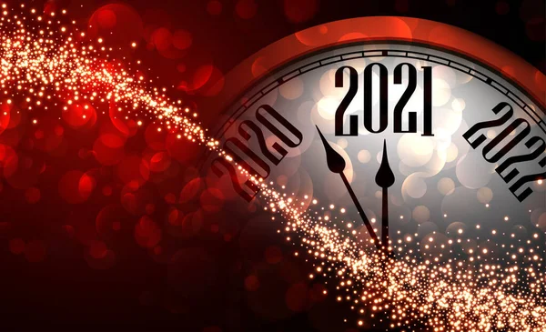 Clock hands showing 2021 year between 2020 and 2022. Creative dark clock with shiny lights on red bubble background. Vector holiday illustration.
