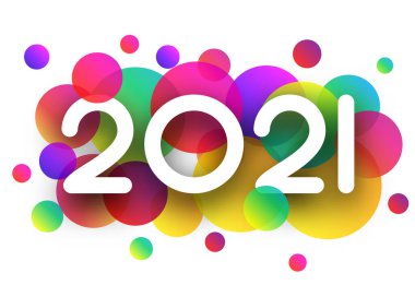 Büyük renkli konfeti arka planında 2021 kağıt tabelası. Vektör tatil illüstrasyonu.