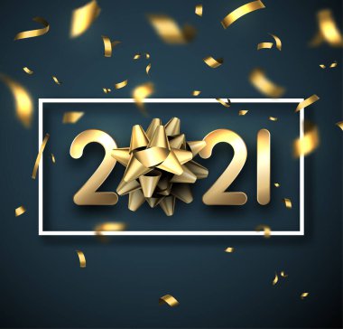 Koyu mavi arka planda beyaz kare çerçeveli Altın 2021 tabelası. 2021 'de 0 yerine güzel bir yay. Vektör tatil illüstrasyonu.