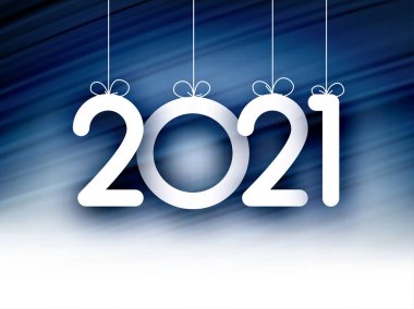 Arka planda mavi fırça darbelerinde asılı 2021 kağıt levhası. Arkaplan ipek gibi görünüyor. Vektör tatil illüstrasyonu.