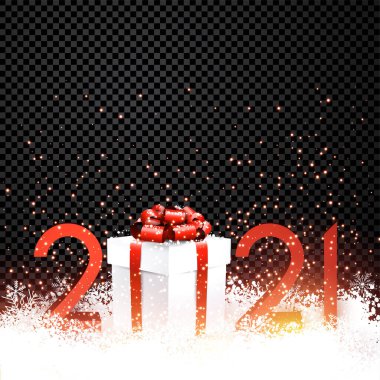 Kırmızı 3d 2021 işareti. Noel hediyesi kutusu 0 yerine. Kar taneleri ve parlak ışık konfetileri. Şeffaf arka plan. Vektör tatil illüstrasyonu.