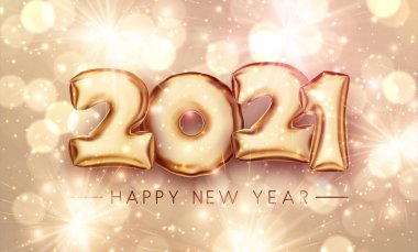 Altın folyo balonu 2021 altın zemin üzerinde parlak ışık konfetileri ve havai fişeklerle. Yeni yılın kutlu olsun. Vektör tatil illüstrasyonu.