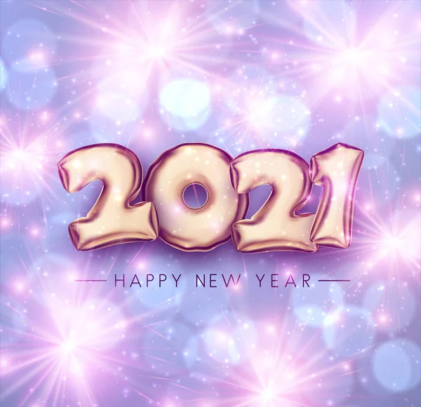 2021年金箔气球在紫罗兰色的背景上印有模糊的黄色 粉色的彩灯和烟火 祝您新年快乐 病媒假日图解 — 图库矢量图片