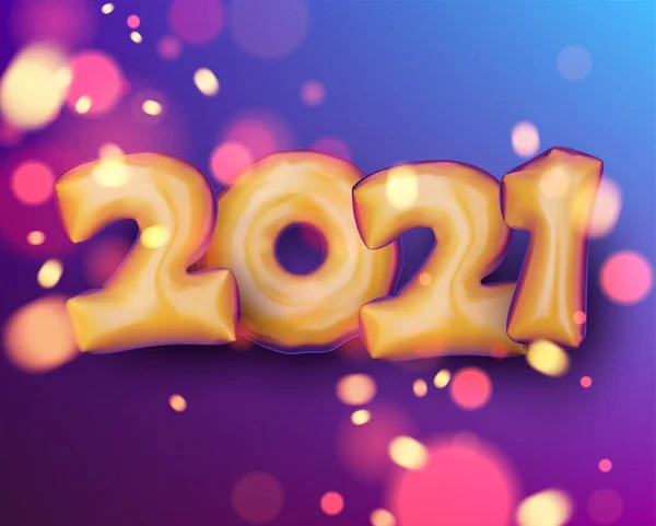 濃い青と紫の背景に金色の箔気球2021サイン 複数の色のライトが点灯します ベクターホリデーイラスト — ストックベクタ
