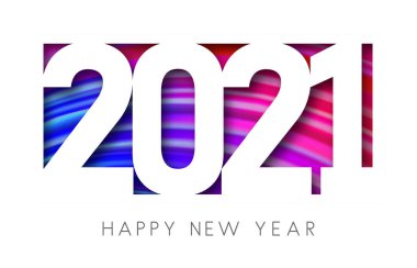Menekşe gradyan fırça darbelerinin arka planında 2021 yazılı kağıt kart. Yeni yılın kutlu olsun. Vektör Festivali illüstrasyonu.