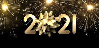 Siyah zemin üzerinde parıltı ve havai fişeklerle altın metalik 2021 tabelası. 2021 'de sıfır yerine altın yay. Vektör Festivali illüstrasyonu.
