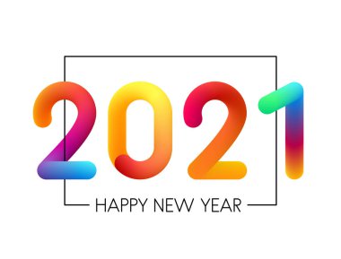 2021 spektrum yazıtları beyaz arkaplanda çok renkli gradyan işareti. Yeni yıl tabelası ve kare çerçevesi kutlu olsun. Vektör tatil illüstrasyonu.