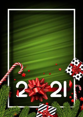 Üzerinde 2021 yazısıyla beyaz çerçeve koyu yeşil ipek arka planda noel eşyaları. 2021 'de 0 yerine kırmızı pruva. Spruce dalları, hediye kutuları, yıldız konfetileri, karamel kamışları. Vektör tatil illüstrasyonu.