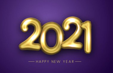 Altın folyo balonu 2021 menekşe arka planda. Yeni yılın kutlu olsun. Vektör tatil illüstrasyonu.