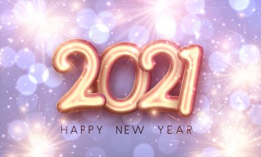 Altın folyo balon 2021, parlak ışıklar ve havai fişeklerle. Mor, mor, mavi nacreous renkler. Yeni yılın kutlu olsun. Vektör tatil illüstrasyonu.
