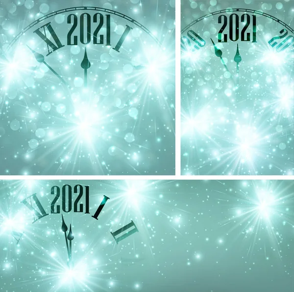 Set Clocks Showing 2021 Year Creative Clocks Shiny Stars Emerald — Stock Vector