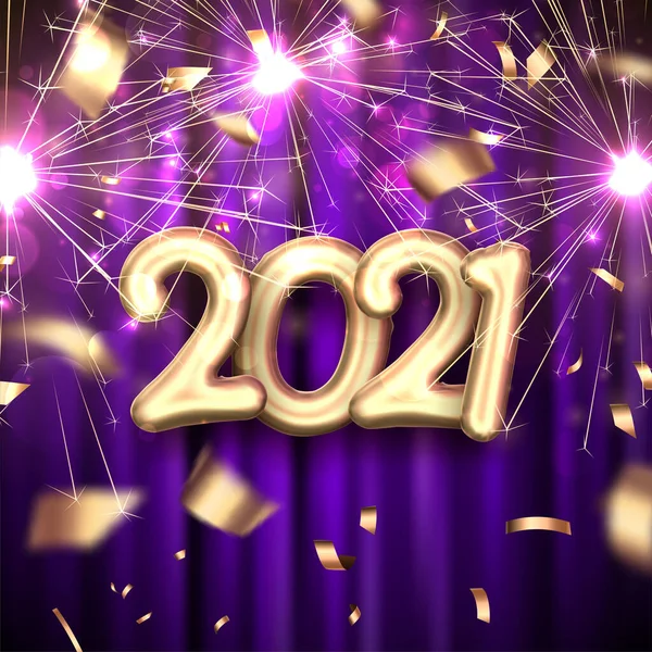Золота Фольга Кулька 2021 Знак Фоні Темно Фіолетових Фіолетових Штор — стоковий вектор