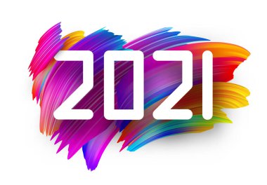 Renkli fırça darbeleri arka planında 2021 zip yazı tipi beyaz tabelası. Vektör tatil illüstrasyonu.