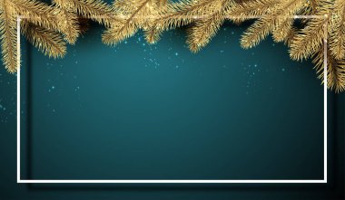 Kare çerçeve, altın ladin dalları ve koyu yeşil arka planda kar. Mesaj için yer var. Vektör tatil illüstrasyonu.