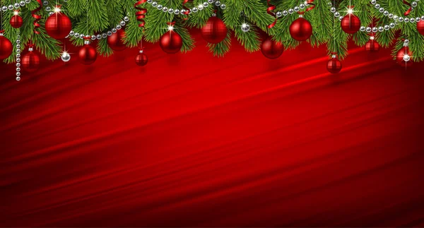 緑のトウヒの枝を持つ新年のフレーム 赤いクリスマスツリーのおもちゃと蛇紋岩 銀のガーランド 赤いブラシが背景をストロークします ベクターホリデーイラスト — ストックベクタ