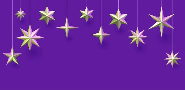 Suspendre Différentes Étoiles Métalliques Vertes Sur Fond Violet Espace Pour — Image vectorielle