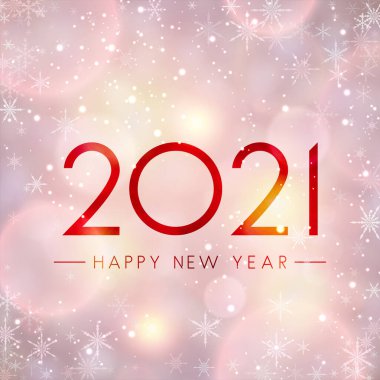 2021 mutlu yeni yıl tabelası. Renkli turuncu ve kırmızı arka planda parlak ışıklar. Vektör tatil illüstrasyonu.