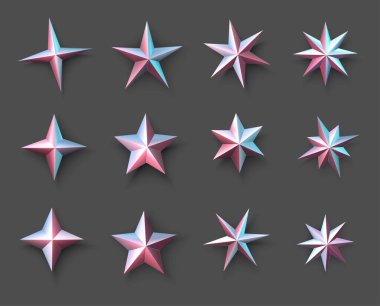 Pembe ve mavi tonlarda izole edilmiş metalik yıldızlar. Gri arka plan. Vektör tatil illüstrasyonu.