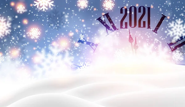 Руки Годинника Показують 2021 Рік Творчий Годинник Снігопадами Сніжинками Блискучому — стоковий вектор